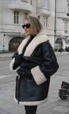 Black Faux Leather Fur Lining Coat