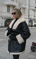 Black Faux Leather Fur Lining Coat - Free From Label