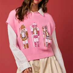 Sequin Nutcracker Graphic Crewneck Sleeveless Sweaters