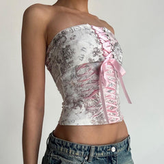 Printed Corset Pink Ribbon Tie-Up Tube Top Free From Label