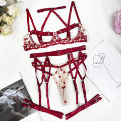 Red Belted Strappy Mesh Lingerie Set - Free From Label