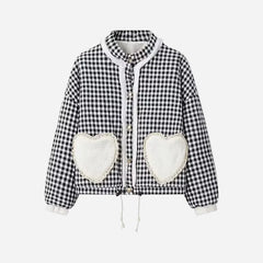 Plaid Heart Patterned Pocket Parka Padded Jacket