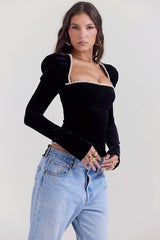 Black Long Sleeve Square Neck Corset Tie Up Top - Free From Label