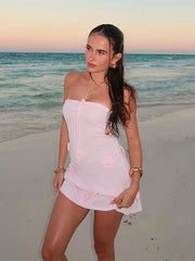 Pink Knitted 3D Flowers Tube Mini Dress