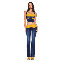 Woman wearing a denim outfit with yellow accents on a white background