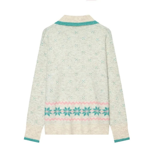 Knit Collar Puppy Embroidery Long Sleeve Zip Up Sweater