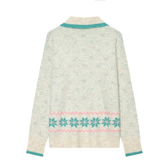 Knit Collar Puppy Embroidery Long Sleeve Zip Up Sweater
