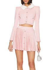 Pink Fur Collar Rhonestone Buttoned Crop Jacket And Pleated Mini Skirt Set