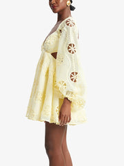 Yellow Floral Embroidery Long Sleeve Mini Dress