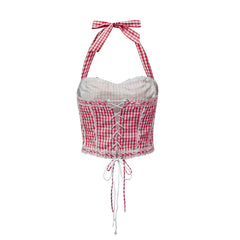 Gingham Halter Lace Trim Tie Back Crop Top