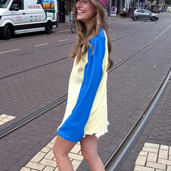 Colour Block Yellow And Blue Raglan Long Sleeve T-shirt