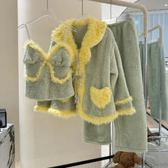 Yellow Fur Trim Fleece Three-Piece Sleepwear Set