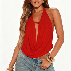 Deep Plunge Halter Neck Sleeveless Open Back Tie Top