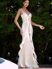 Satin Flowers Ruffles Long Dress