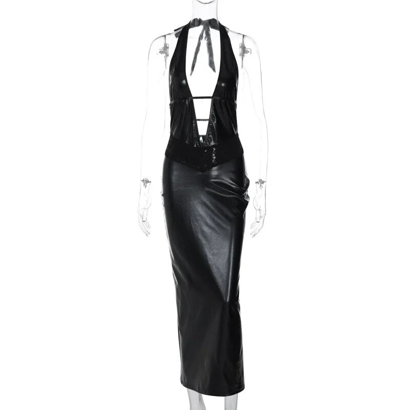 Black Faux Leather Deep V-Halter Backless Maxi Dress