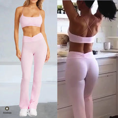 Woman wearing a pink athletic outfit in two different settings.