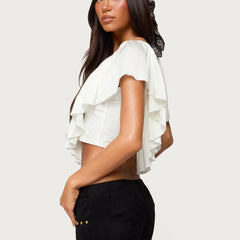 White Frill Trim V-Neck Crop Top