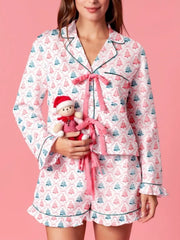 Christmas Bow Tie Long Sleeve Tops And Shorts Pajama Set