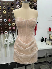 Beige Sheer Sequined Corset Draped Mini Dress