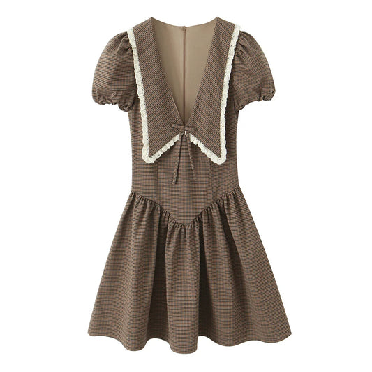 Brown Large Collar Puff Sleeve Mini Dress