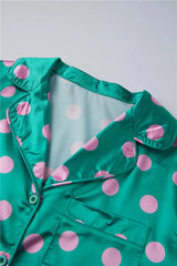 Satin Polka Dot Long Sleeve  Feather Cuff Top And Shorts Set