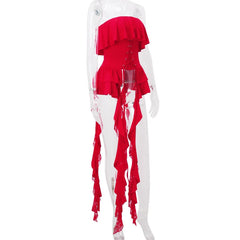 Red Ruffled Lace Up Tube Top - Free From Label