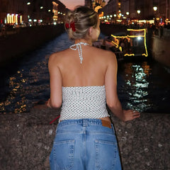 White Polka Dot Drawstring Backless Halter Top