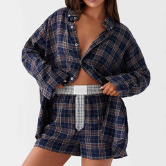 Plaid Button Down Long Sleeve Blouse And Shorts Set