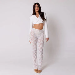 High Waisted See Through Lace Flared Ankle Length Pants