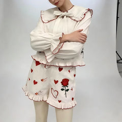 Heart Flower Embroidery Long Sleeve Doll Collar Top and Shorts Pj Set