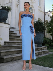 Spaghetti Strap 3d Flower Applique Slit Midi Dress