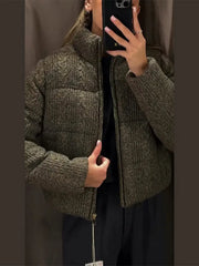 Grey Cabel Knit Padded Stand Collar Coat