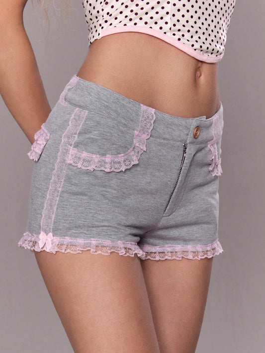 Pink Lace Hem Low Waist Grey Shorts