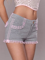 Pink Lace Hem Low Waist Grey Shorts