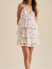 Tiered Ruffle Floral Print Spaghetti Strap Short Dress