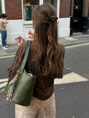  Brown suede jacket with tassels for women.