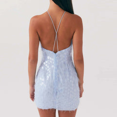 Light blue sequin dress with thin straps 