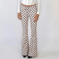 Satin Polka Dot Print Drawstring Low Waist Flare Leg Trousers