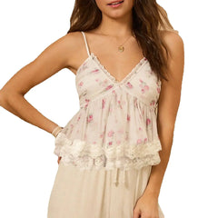 Woman wearing a floral lace top 