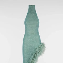 Halter Feather Trim Sequin Mock Turtleneck Midi Dress