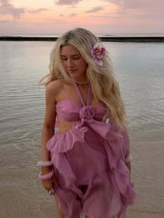 Pink Ruffles Cut Out Halter Rose Mini Dress