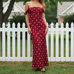 Red Off Shoulder Polka Dot Print Long Dress