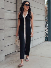 V Neck Sleeveless Ribbed Knitted Contrast Color Long Dress