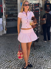 Polo Collar Short Sleeve Top And Mini Skirt Set
