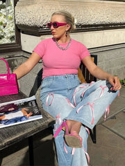 Pink Ribbon Bow Straight Baggy Jeans