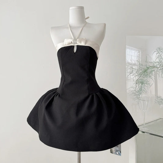 Black A-line White Satin Halter Strap Mini Dress