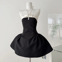 Black A-line White Satin Halter Strap Mini Dress
