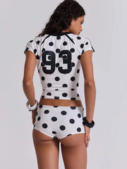 Satin Number Dots Print Crop Tops And Shorts Set