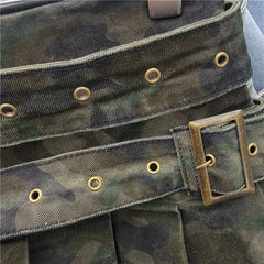 Denim Low Waist Double Belt Pleated Mini Skirt