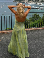 Green V-neck Print Satin Maxi Dress
